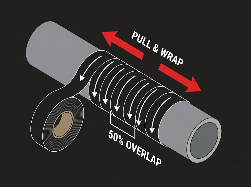 Self-vulcanizing tape wrapping technique with 50% overlap